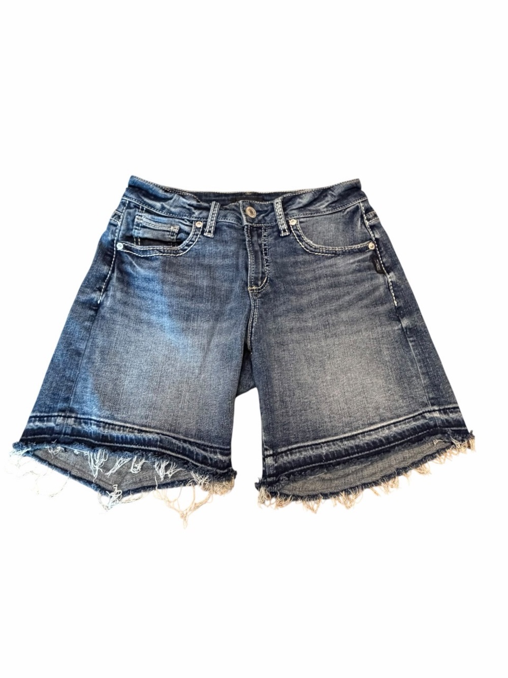 Silver Jeans Suki 4” Raw Hem Denim Shorts Size 26 Stretch Mid Rise
